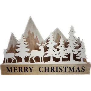 Téli dekoráció fenyő és rénszarvas kicsi - Merry Christmas felirattal