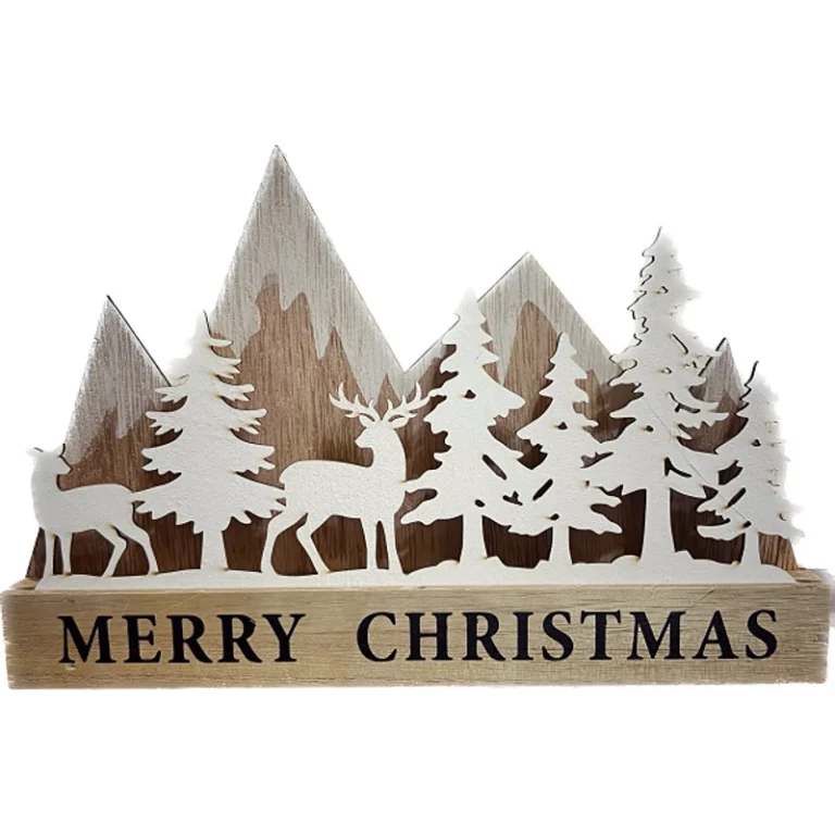 Téli dekoráció fenyő és rénszarvas kicsi - Merry Christmas felirattal
