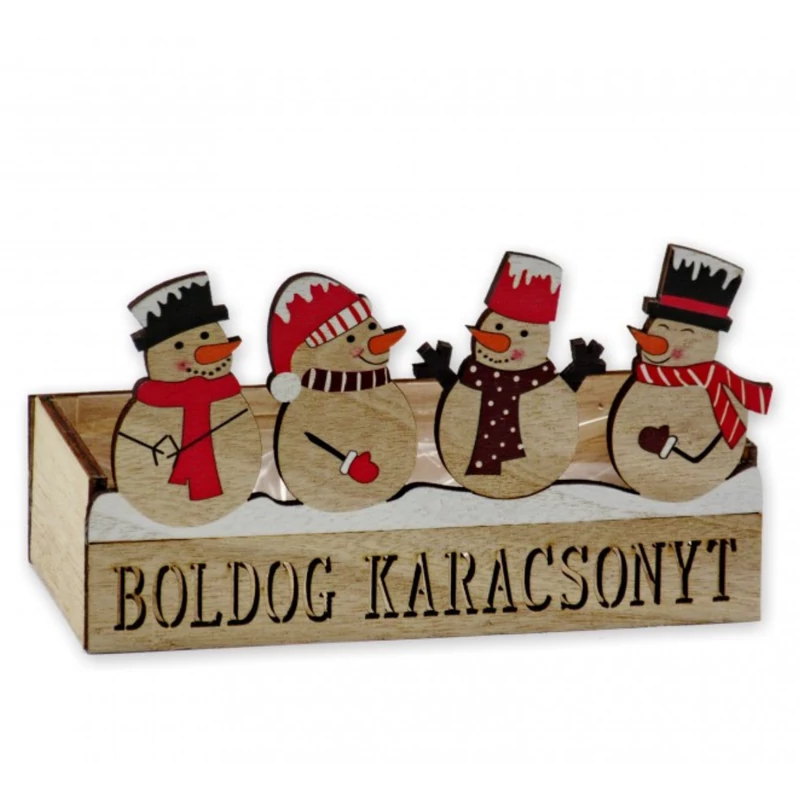 Vidám hóemberes fa karácsonyi dekoráció Boldog Karácsonyt felirattal