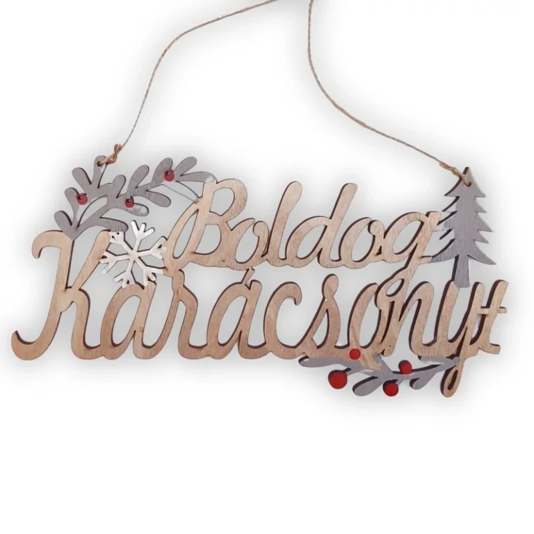 Fa Boldog Karácsony felirat fagyönggyel, fenyőfával és hópihe dísszel.