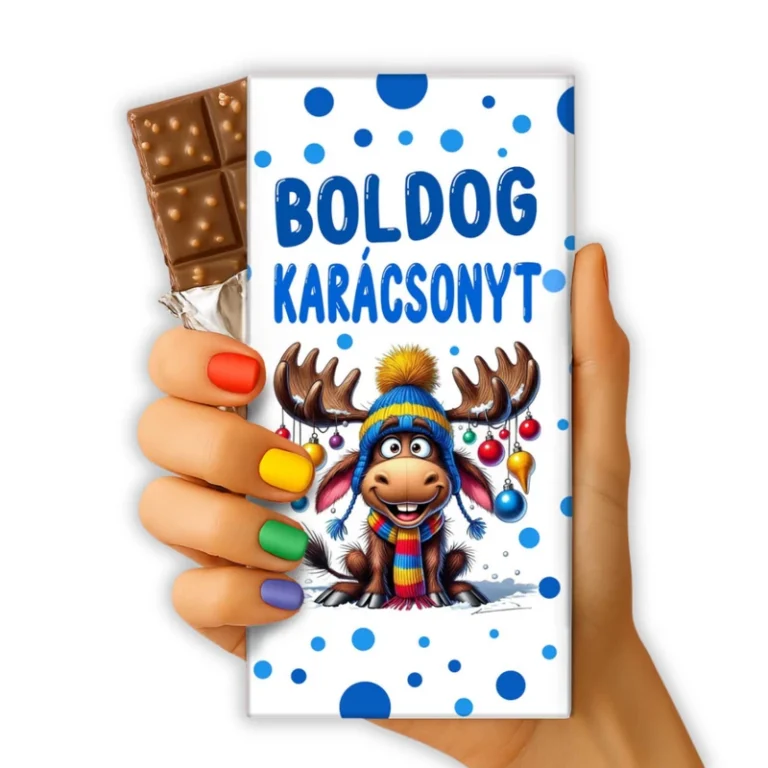 Karácsonyi csoki – Rénszarvasos, kék pöttyös dizájnnal
