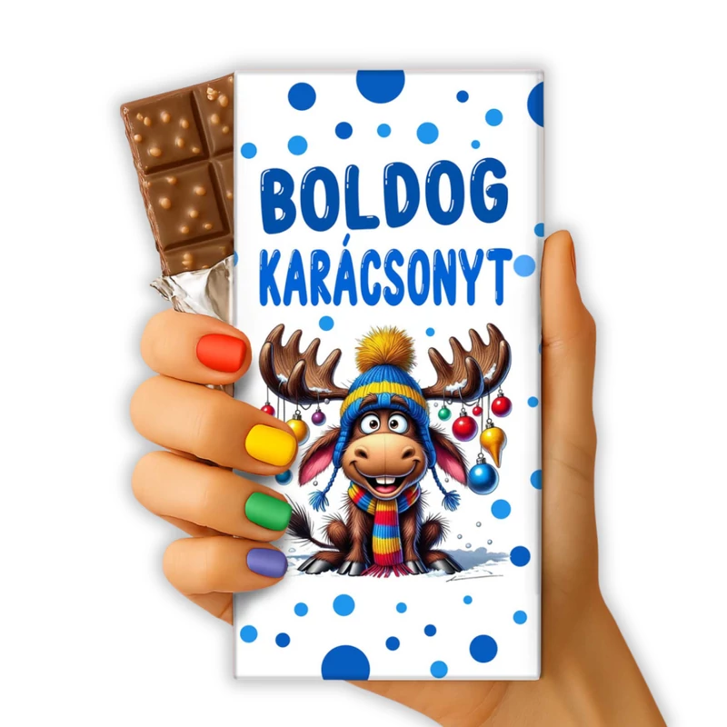 Karácsonyi csoki – Rénszarvasos, kék pöttyös dizájnnal