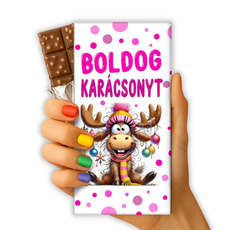 Karácsonyi csoki – Pink pöttyös rénszarvasos csomagolással.