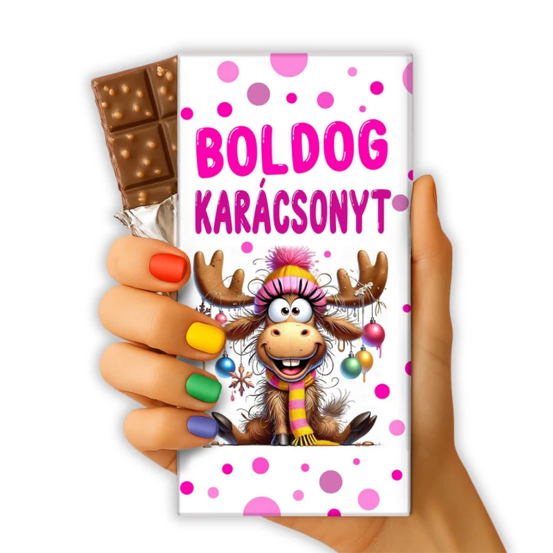 Karácsonyi csoki – Pink pöttyös rénszarvasos csomagolással.