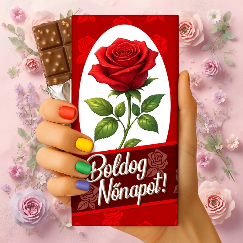Boldog Nőnapot csokoládé tábla piros rózsával