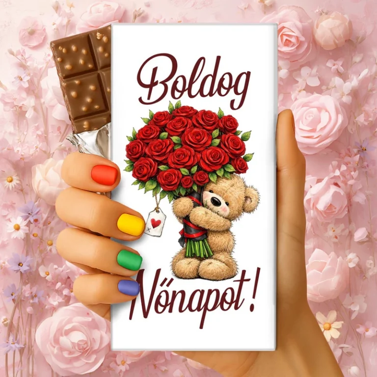 Boldog Nőnapot csokoládé tábla macival és rózsacsokorral