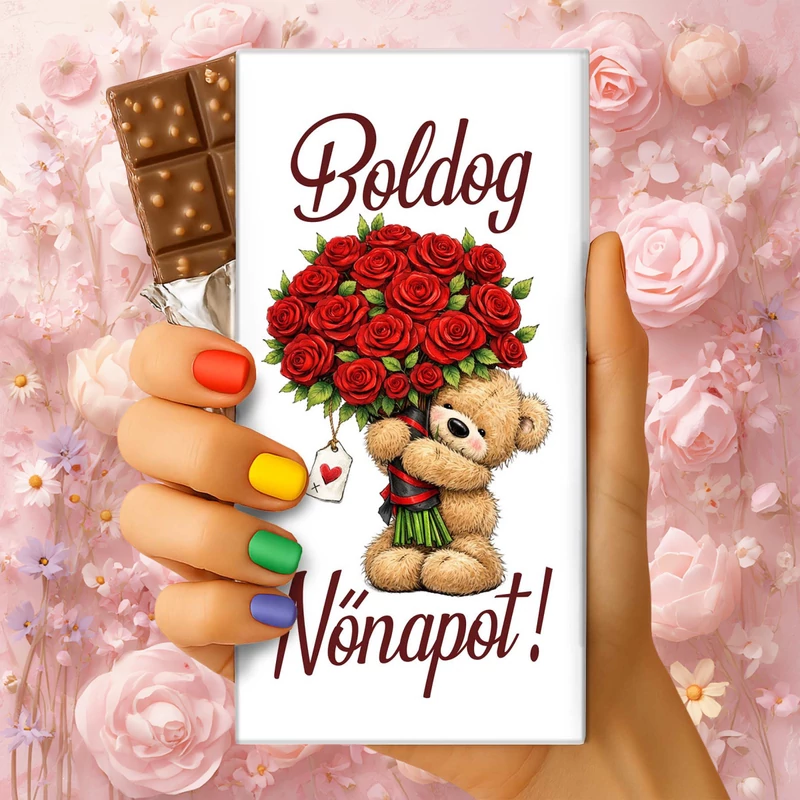 Boldog Nőnapot csokoládé tábla macival és rózsacsokorral