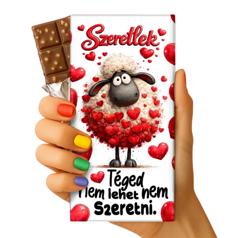 Valentin csoki tábla bárány piros szívekkel mintával, felirat: Szeretlek! Téged nem lehet nem szeretni.