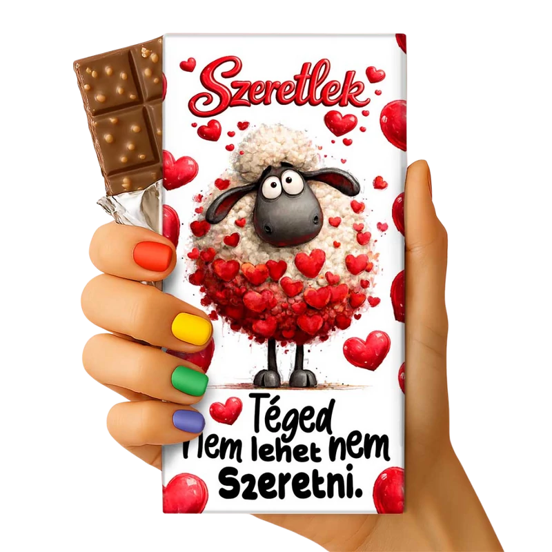 Valentin csoki tábla bárány piros szívekkel mintával, felirat: Szeretlek! Téged nem lehet nem szeretni.