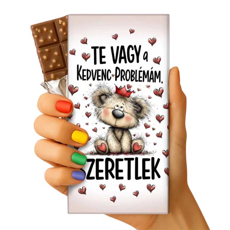 Valentin csoki tábla koronás maci mintával, felirat: Te vagy a kedvenc problémám. Szeretlek