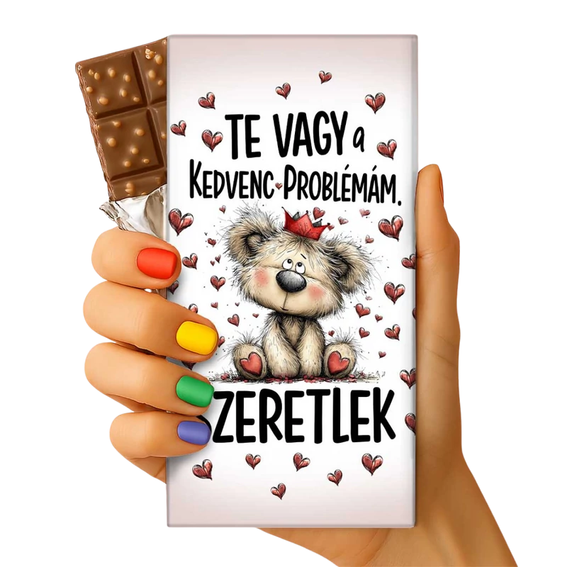 Valentin csoki tábla koronás maci mintával, felirat: Te vagy a kedvenc problémám. Szeretlek