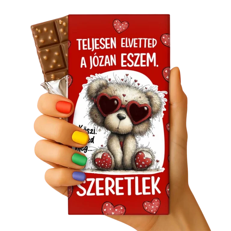 Valentin csoki tábla maci szív alakú napszemüvegben, piros borító mintával, felirat: Teljesen elvetted a józan eszem. Szeretlek