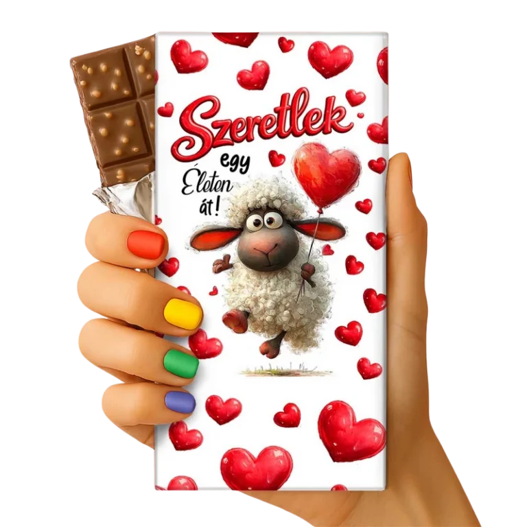 Valentin csoki tábla bárány szív alakú lufival mintával, felirat: Szeretlek egy életen át!