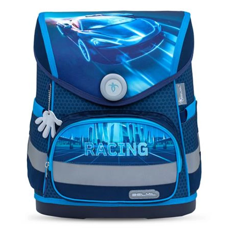 Iskolatáska, mágneszárral, BELMIL "Compact Racing Blue Neon", versenyautó