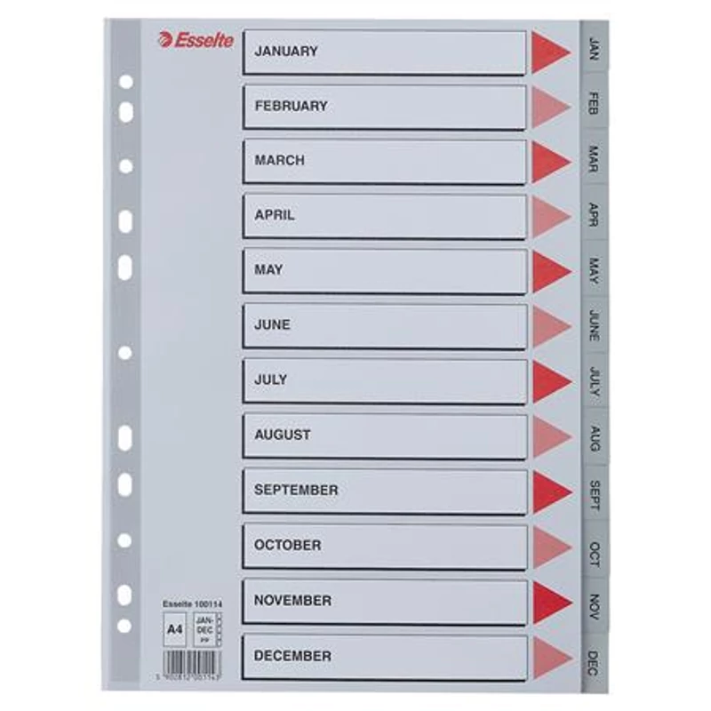 Regiszter, műanyag, A4, Jan-Dec, ESSELTE, szürke