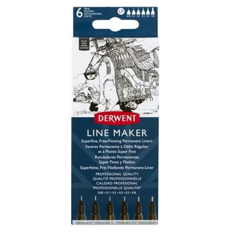 Tűfilc szett, 0,05 / 0,1 / 0,2/ 0,3 / 0,5 / 0,8 mm, DERWENT "Line Marker", fekete