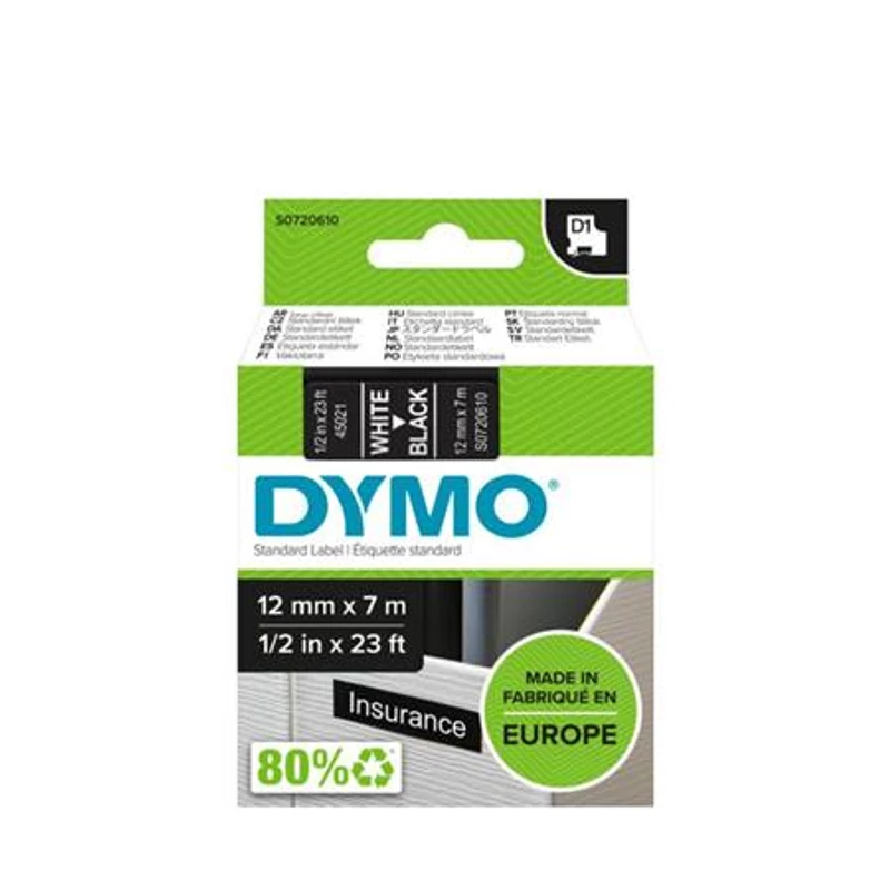 Feliratozógép szalag, 12 mm x 7 m, DYMO „D1”, fekete-fehér