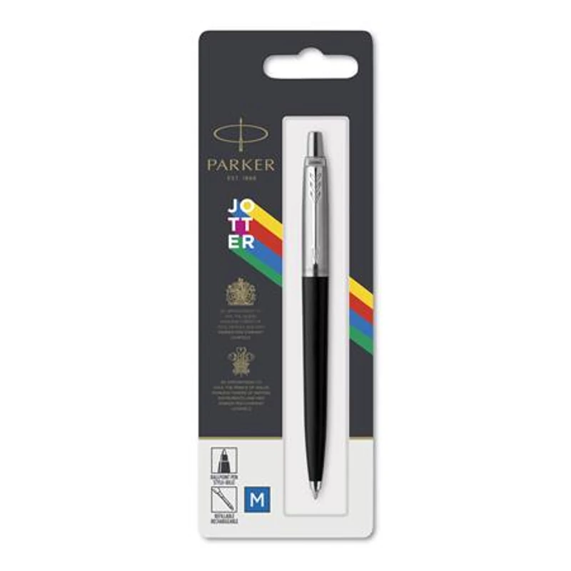 Golyóstoll, 0,7 mm, ezüst színű klip, fekete tolltest, PARKER "Royal Jotter Originals", kék