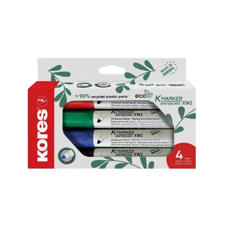 Tábla- és flipchart marker készlet, 3 mm, kúpos, KORES "ECO K-Marker XW1", 4 különböző szín