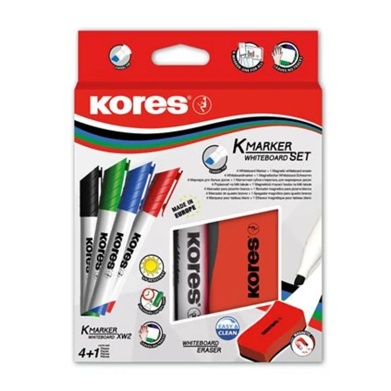 Tábla- és flipchart marker készlet mágneses táblatörlő szivaccsal, 3-5 mm, vágott, KORES "XW2", 4 különböző szín