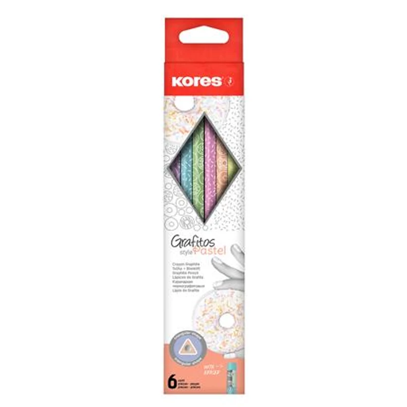 Grafitceruza készlet, radírral, HB, háromszögletű, KORES "Grafitos Style Pastel"