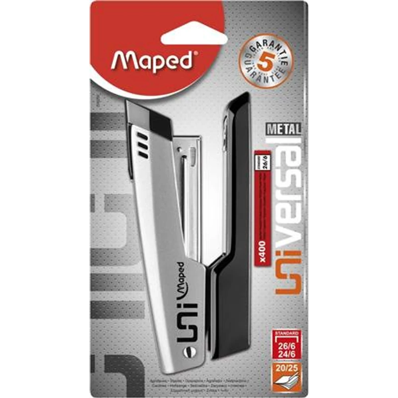 Tűzőgép, 24 / 6, 26 / 6, 25 lap, MAPED „Universal Metal Half-Strip”, vegyes színek