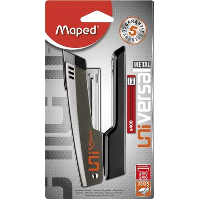 Tűzőgép, 24 / 6, 26 / 6, 25 lap, MAPED „Universal Metal Half-Strip”, vegyes színek