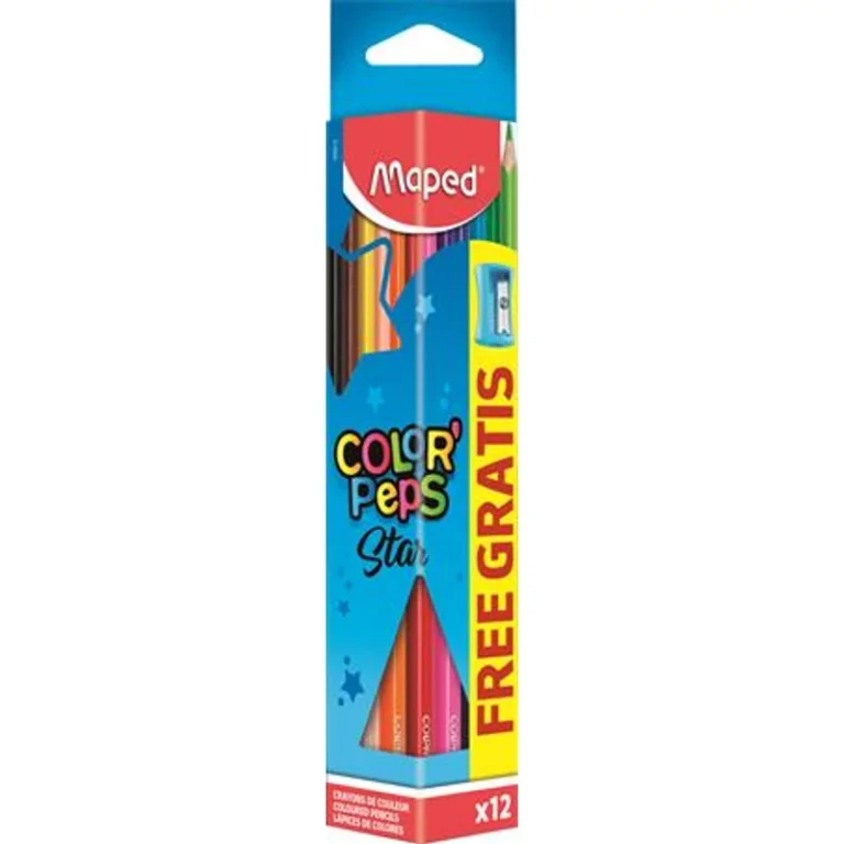 Színes ceruza készlet, háromszögletű, hegyezővel, MAPED „Color`Peps Star”, 12 különböző szín