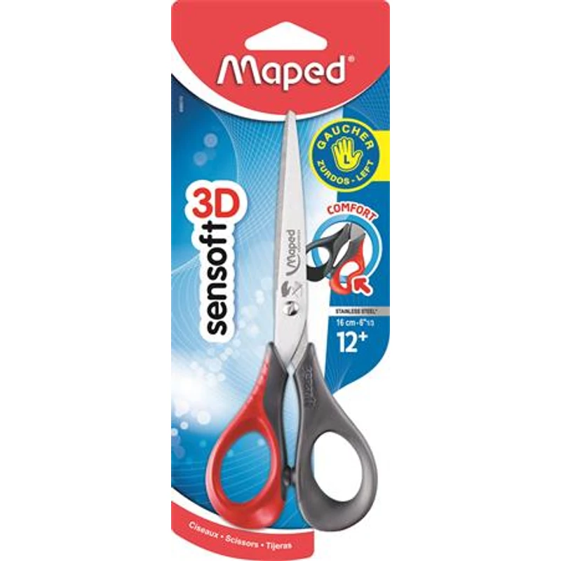 Olló, általános, 16 cm, balkezes, MAPED „Sensoft 3D”, vegyes színek