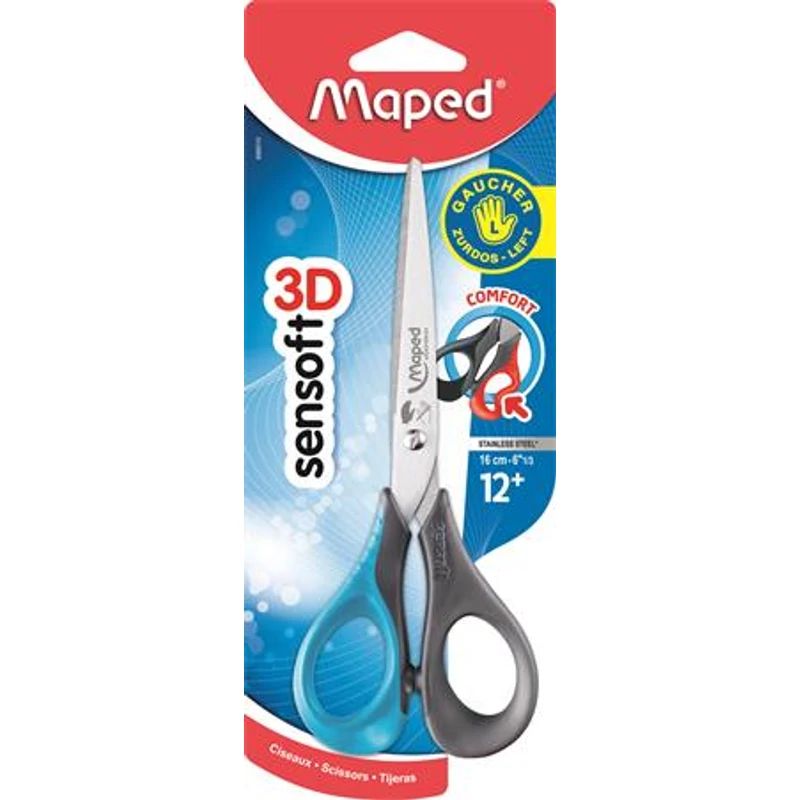 Olló, általános, 16 cm, balkezes, MAPED „Sensoft 3D”, vegyes színek