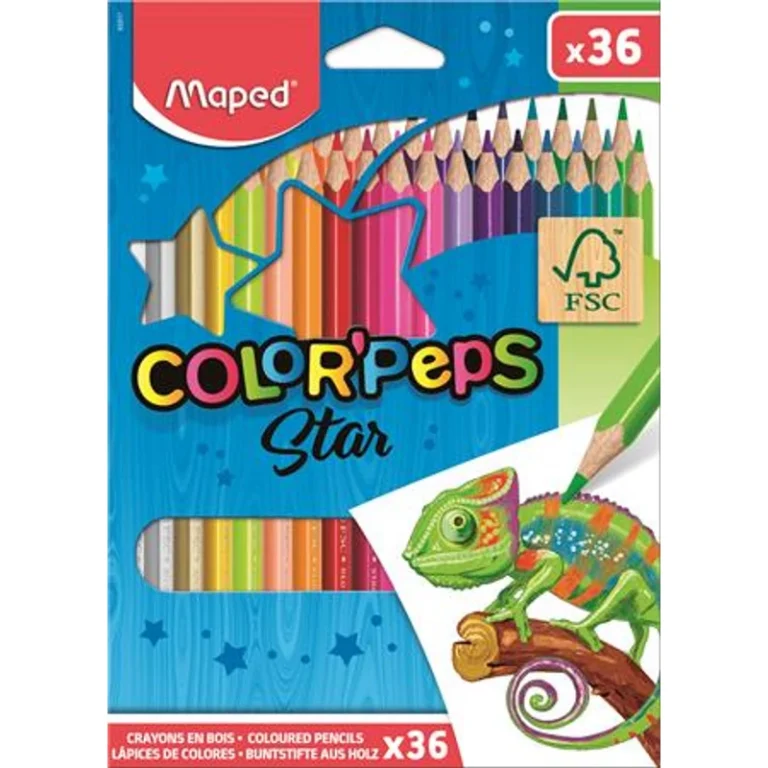 Színes ceruza készlet, háromszögletű, MAPED „Color`Peps Star”, 36 különböző szín