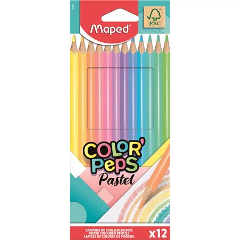Színes ceruza készlet, háromszögletű, MAPED "Color`Peps Pastel", 12 különböző pasztell szín