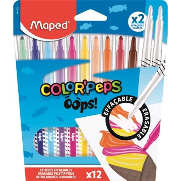 Filctoll készlet, 3,6 mm, törölhető, MAPED "Color`Peps Oops!", 10 + 2 különböző szín