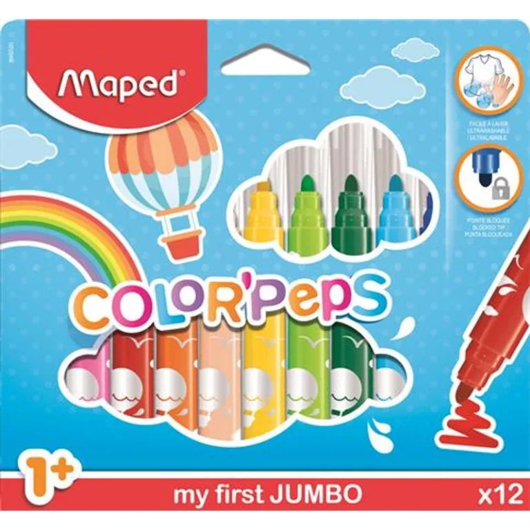 Filctoll készlet, 1-5 mm, kimosható, vastag, MAPED „Color`Peps Jumbo”, 12 különböző szín