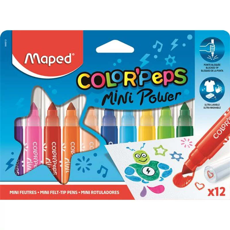 Filctoll készlet, 6,5 mm, kimosható, MAPED „Color`Peps Mini Power”, 12 különböző szín