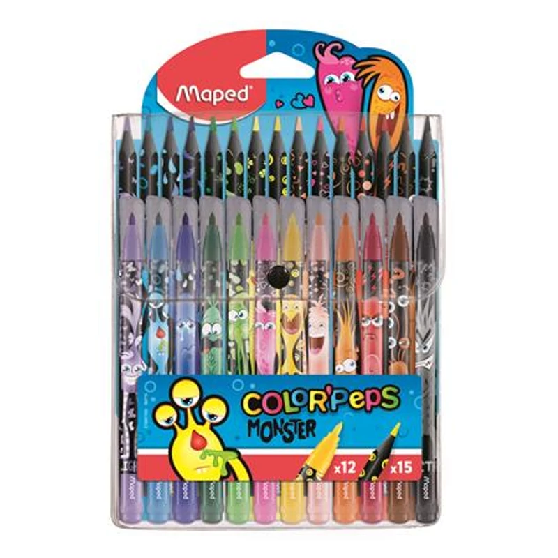 Filctoll és színes ceruza készlet, MAPED "Color`Peps Monster" 12 + 15 különböző szín