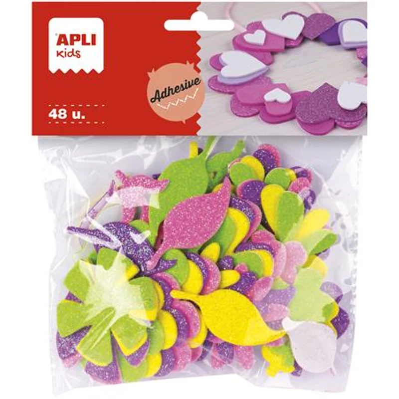 Moosgumi, öntapadó, glitteres, virágok, APLI Kids „Eva Sheets”, vegyes színek