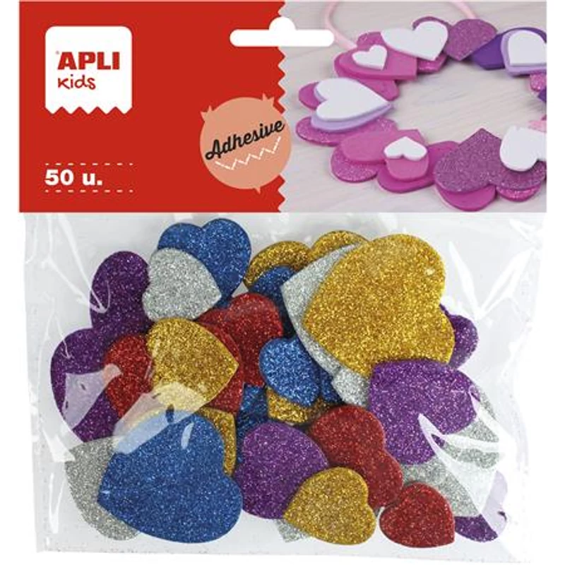 Moosgumi, öntapadó, glitteres, szívek, APLI Kids „Eva Sheets”, vegyes színek