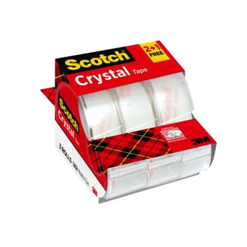 Ragasztószalag adagolón, kézi, 19 mm x 7,5 m, 3M SCOTCH „Crystal”, 2 + 1 akció