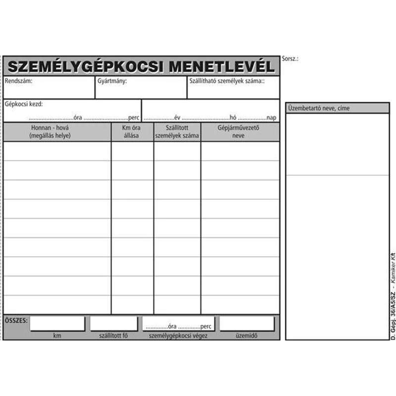 Nyomtatvány, menetlevél, személygépkocsi, 100 lap, A5, fekvő, VICTORIA PAPER, „D.GÉPJ.36.”, 10 tömb / csomag