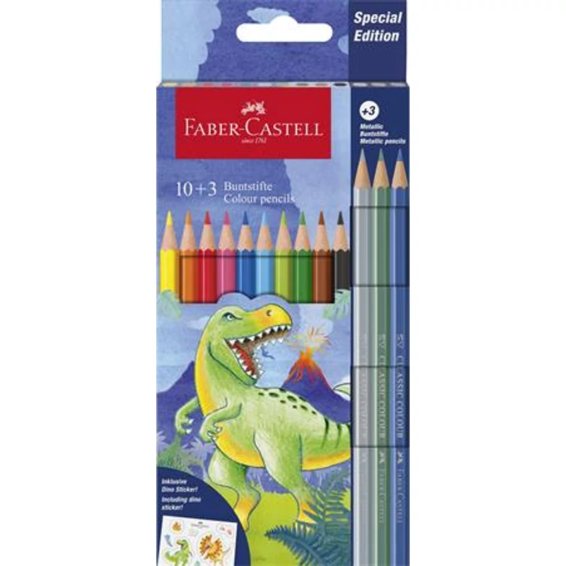 Színes ceruza készlet, hatszögletű, FABER-CASTELL"Dinoszaurusz" 10 + 3 különböző szín