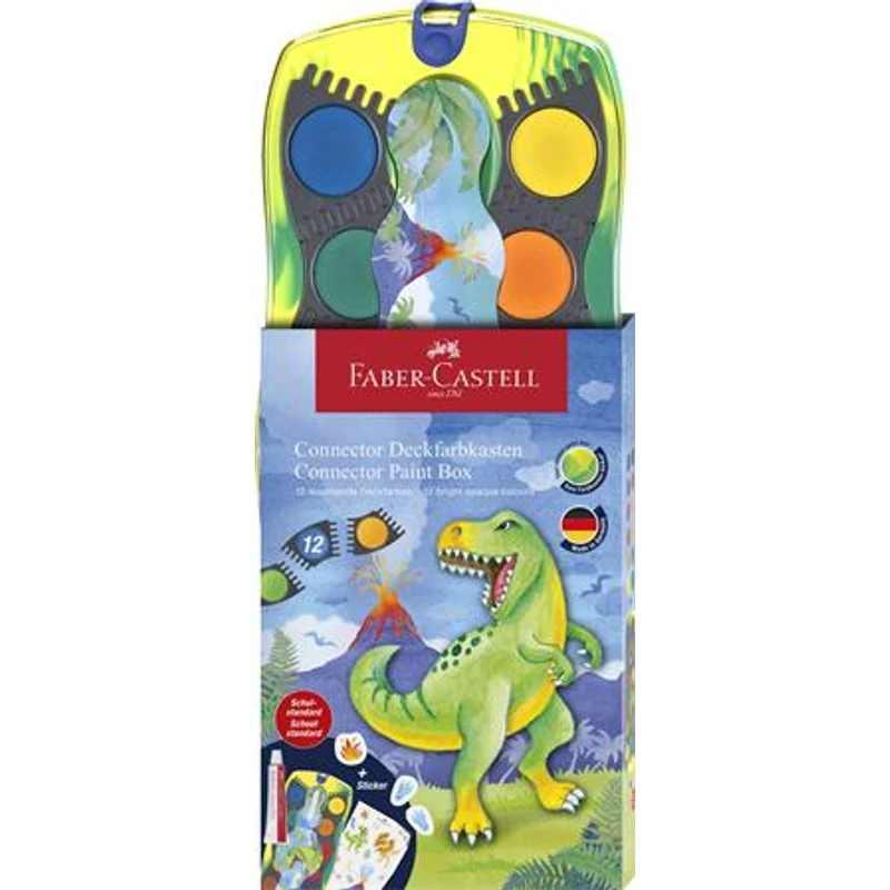 Vízfesték, 12 darabos, összeilleszthető, FABER-CASTELL "Dinoszaurusz" + 1 tubus fehér tempera + dinoszaurusz matrica