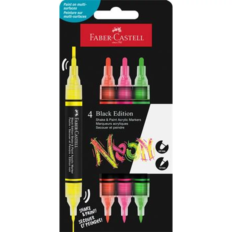 Dekormarker készlet, 1,0 / 3,0 mm, kétvégű, akril, FABER-CASTELL "Shake&Paint", 4 különböző neon szín
