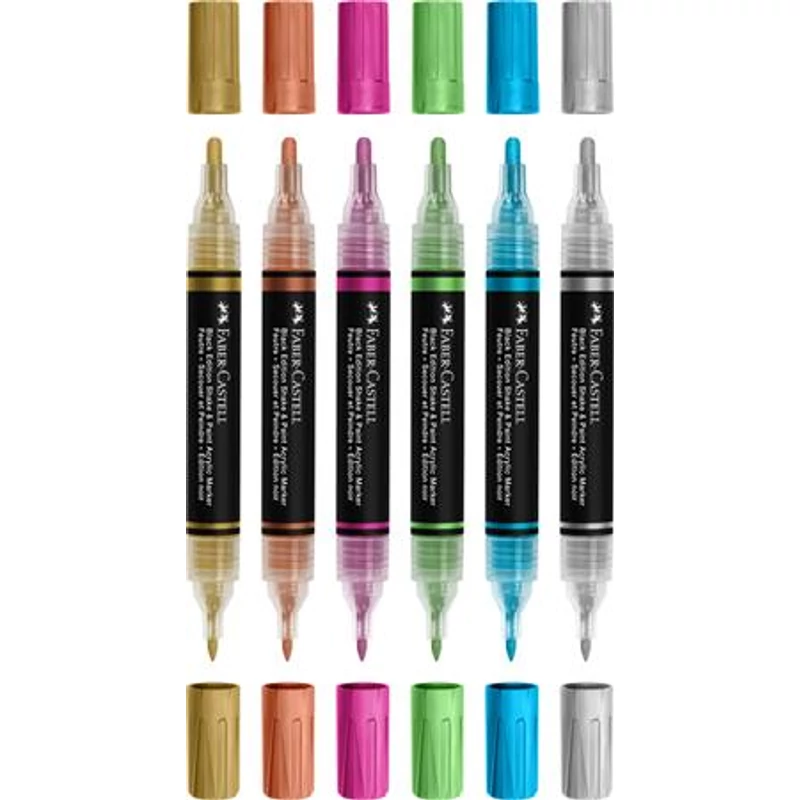 Dekormarker készlet, 1,0 / 3,0 mm, kétvégű, akril, FABER-CASTELL "Shake&Paint", 6 különböző metál szín