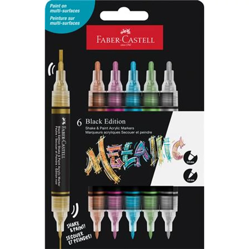 Dekormarker készlet, 1,0 / 3,0 mm, kétvégű, akril, FABER-CASTELL "Shake&Paint", 6 különböző metál szín