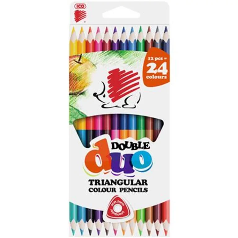 Színes ceruza készlet, kétvégű, háromszögletű, ICO „Süni”, 24 különböző szín
