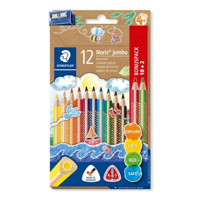 Színes ceruza készlet, háromszögletű, vastag, hegyezővel, STAEDTLER "Noris® Jumbo 128", 10 + 2 különböző szín