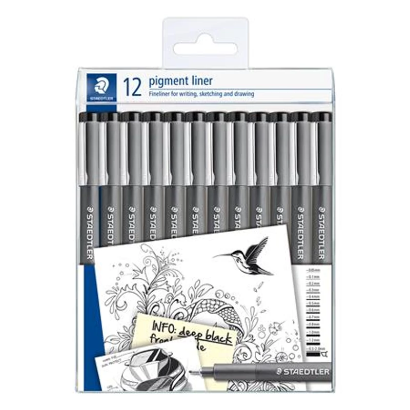 Tusfilc készlet, 12 különböző vonalvastagság, STAEDTLER "Pigment Liner 308", fekete