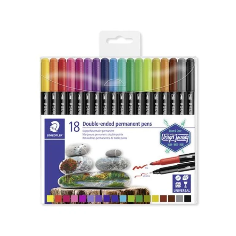 Alkoholos marker készlet, 0,5 / 3,0 mm, kétvégű, STAEDTLER "3187", 18 különböző szín