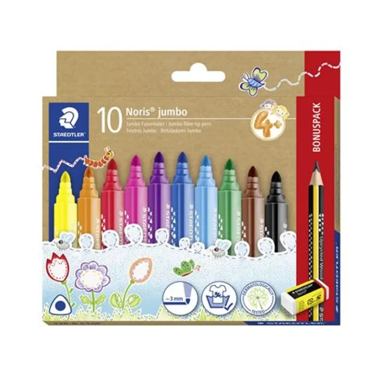 Filctoll készlet, grafitceruzával, radírral, 3 mm, háromszögletű, STAEDTLER "Noris® jumbo 328", 10 + 1 különböző szín
